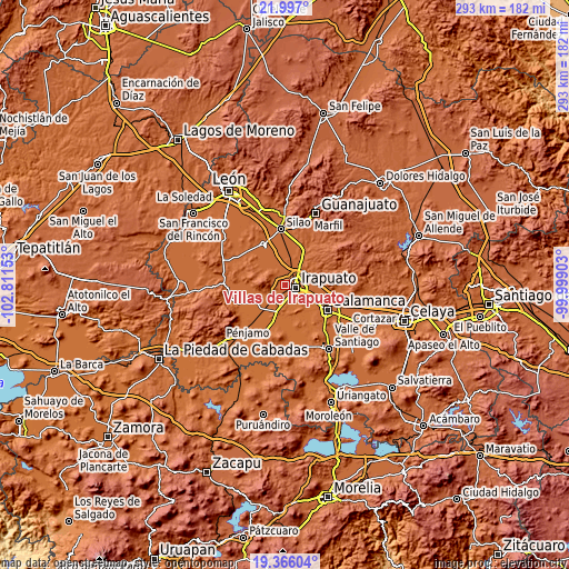 Topographic map of Villas de Irapuato