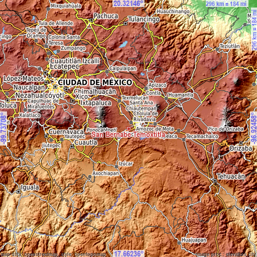Topographic map of San Bernabé Temoxtitla