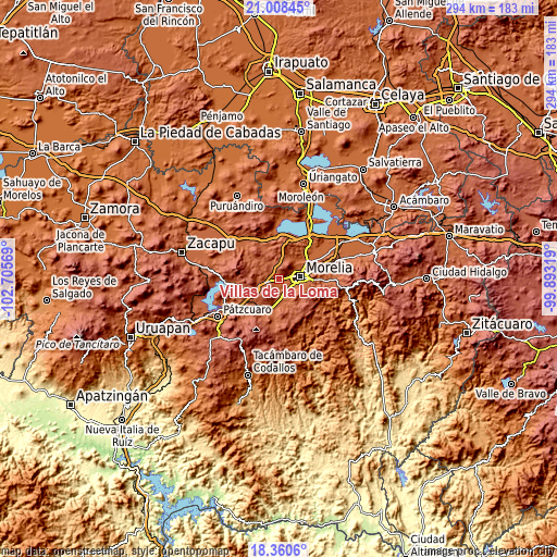 Topographic map of Villas de la Loma