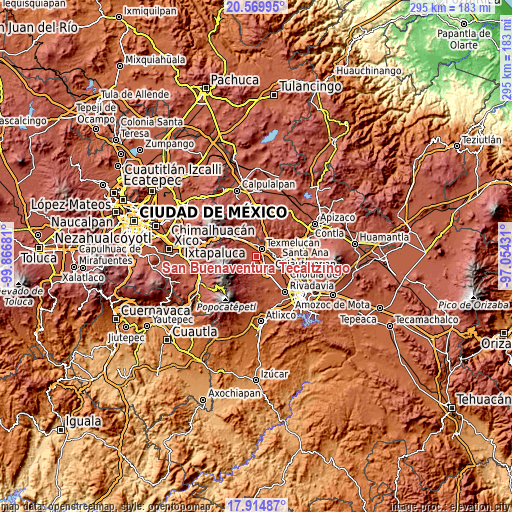 Topographic map of San Buenaventura Tecaltzingo