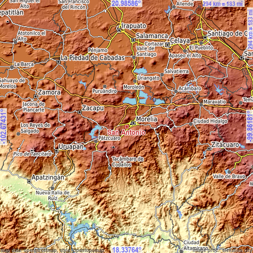 Topographic map of San Antonio