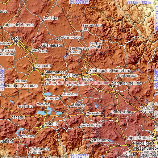 Topographic map of San Bartolomé Aguas Calientes