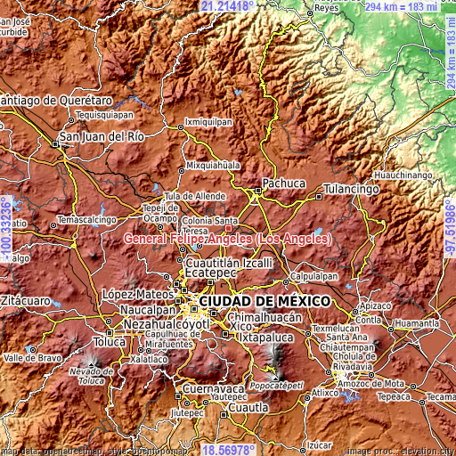 Topographic map of General Felipe Ángeles (Los Ángeles)