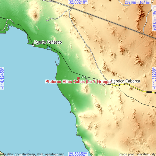 Topographic map of Plutarco Elías Calles (La Y Griega)