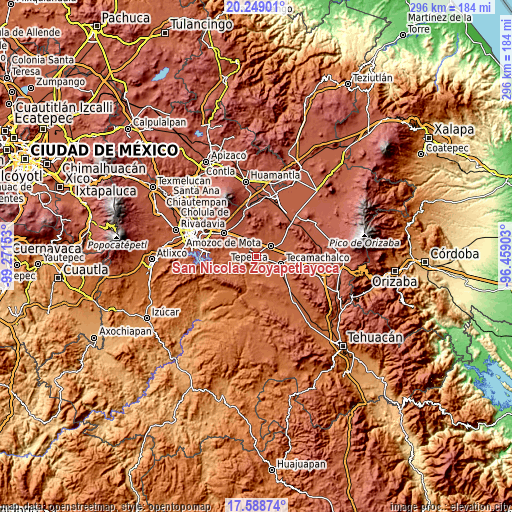 Topographic map of San Nicolás Zoyapetlayoca