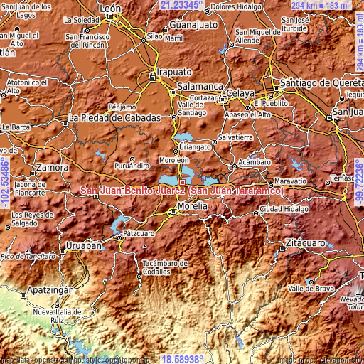 Topographic map of San Juan Benito Juárez (San Juan Tararameo)