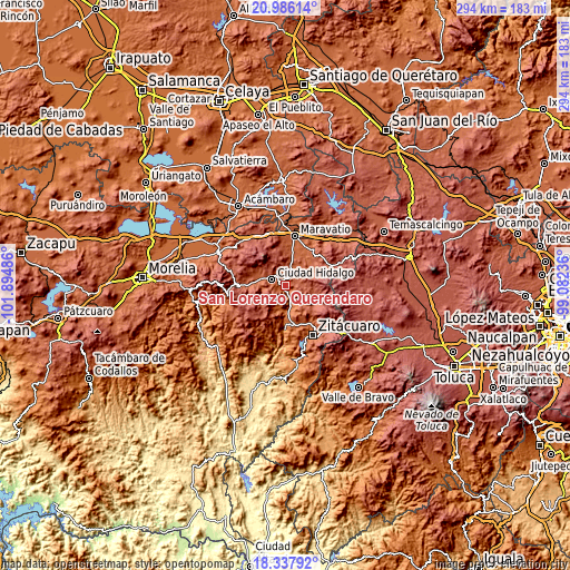 Topographic map of San Lorenzo Queréndaro