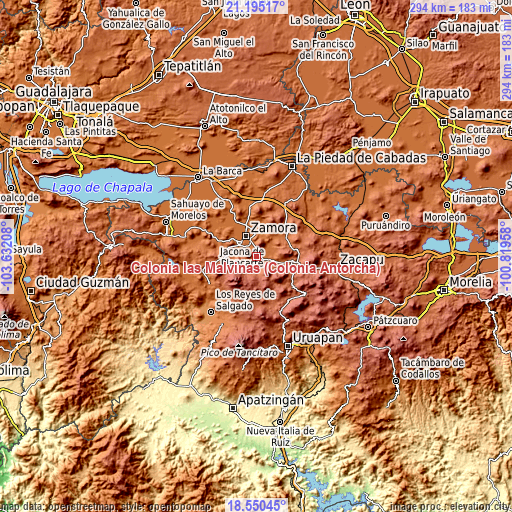 Topographic map of Colonia las Malvinas (Colonia Antorcha)