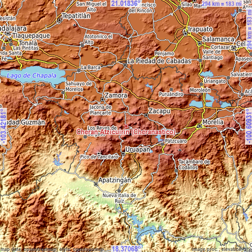 Topographic map of Cherán Atzicuirín (Cheranástico)