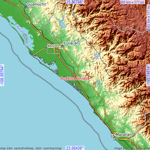 Topographic map of Pueblos Unidos