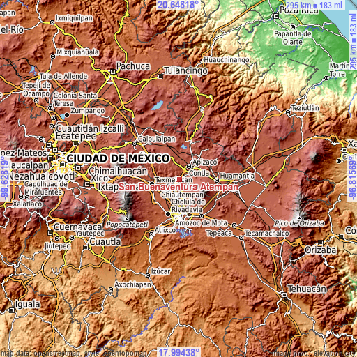 Topographic map of San Buenaventura Atempan