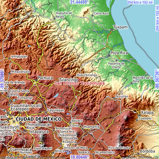 Topographic map of San Lorenzo Tlaxipehuala