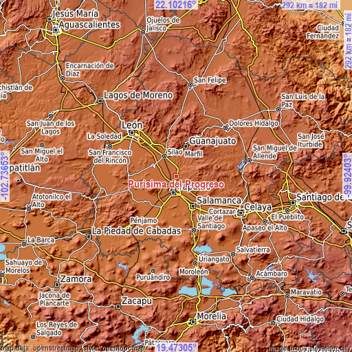 Topographic map of Purísima del Progreso