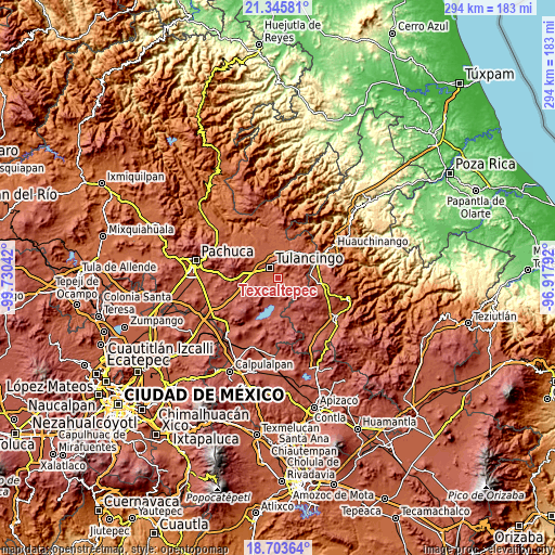 Topographic map of Texcaltepec