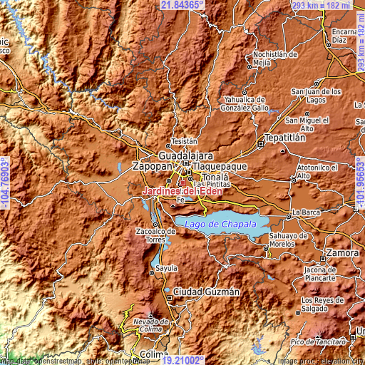 Topographic map of Jardines del Edén