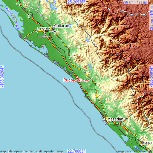 Topographic map of Pueblo Nuevo