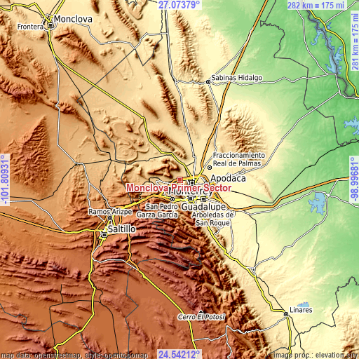 Topographic map of Monclova Primer Sector