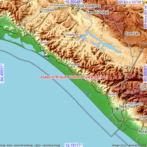 Topographic map of Joaquín Miguel Gutiérrez (Margaritas)