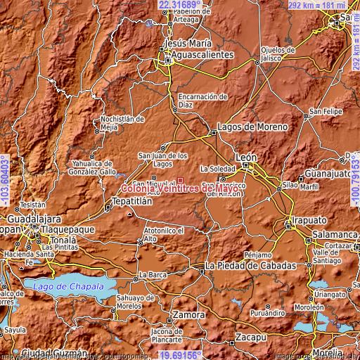 Topographic map of Colonia Veintitrés de Mayo