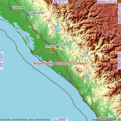 Topographic map of Miguel Valdez Quintero (El Corazón)