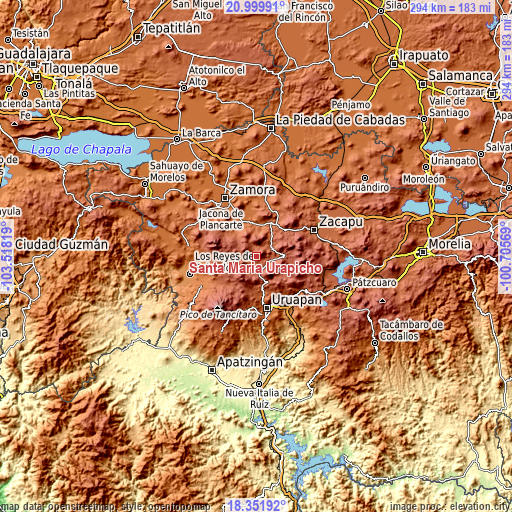 Topographic map of Santa María Urapicho