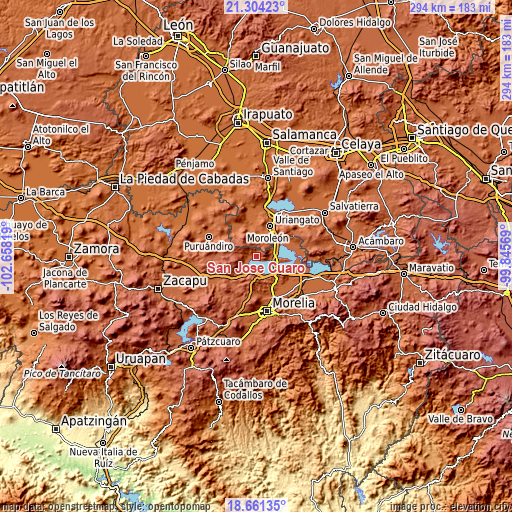 Topographic map of San José Cuaro