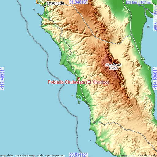 Topographic map of Poblado Chulavista (El Chorizo)