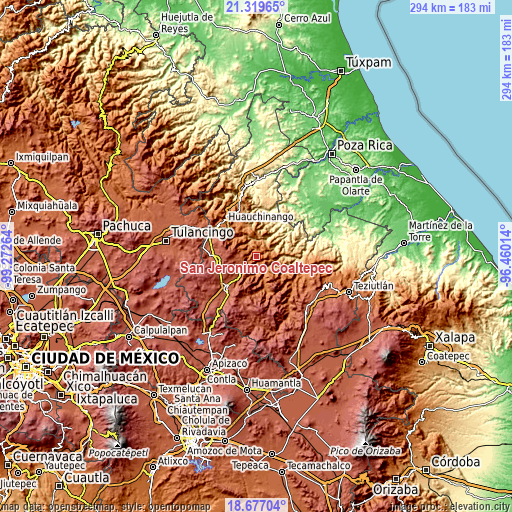 Topographic map of San Jerónimo Coaltepec