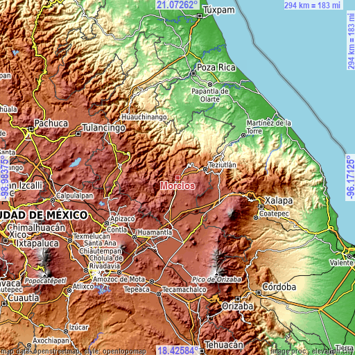 Topographic map of Morelos