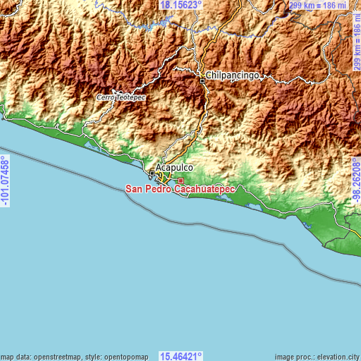 Topographic map of San Pedro Cacahuatepec