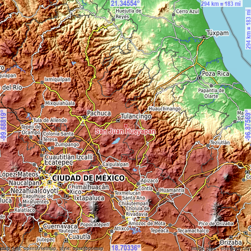 Topographic map of San Juan Hueyapan