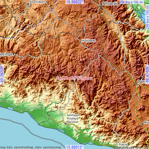 Topographic map of San Martín Itunyoso