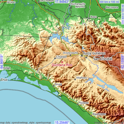 Topographic map of Quintana Roo