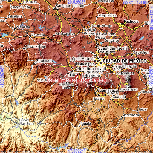 Topographic map of Colonia Arboledas (San Andrés)