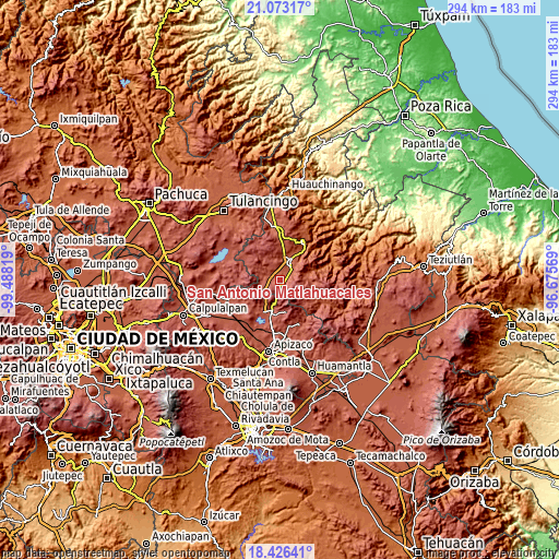 Topographic map of San Antonio Matlahuacales