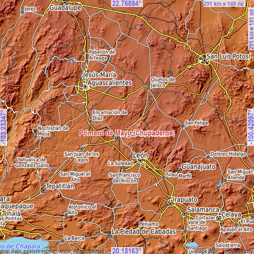 Topographic map of Primero de Mayo (Chupaderos)