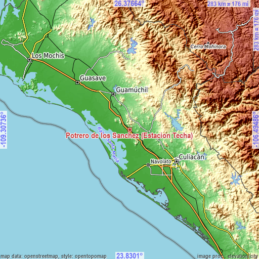 Topographic map of Potrero de los Sánchez (Estación Techa)