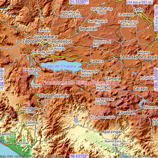 Topographic map of Fraccionamiento Colinas Universidad