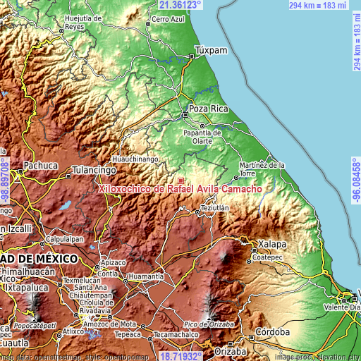 Topographic map of Xiloxochico de Rafael Ávila Camacho