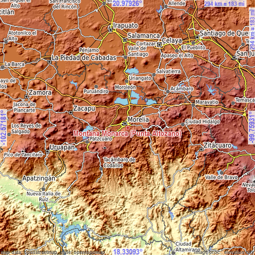 Topographic map of Montaña Monarca (Punta Altozano)