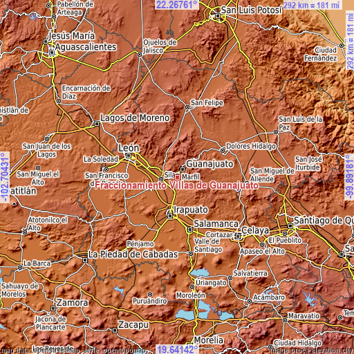 Topographic map of Fraccionamiento Villas de Guanajuato