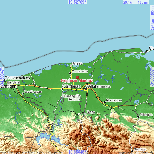 Topographic map of Gregorio Méndez