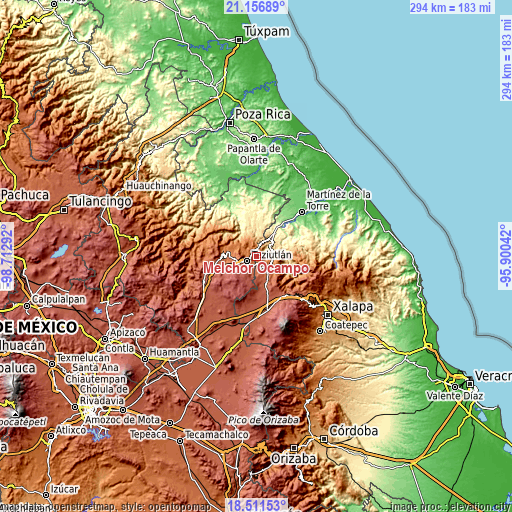 Topographic map of Melchor Ocampo