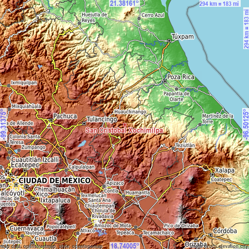 Topographic map of San Cristóbal Xochimilpa