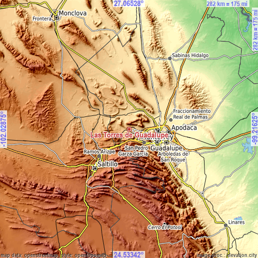 Topographic map of Las Torres de Guadalupe
