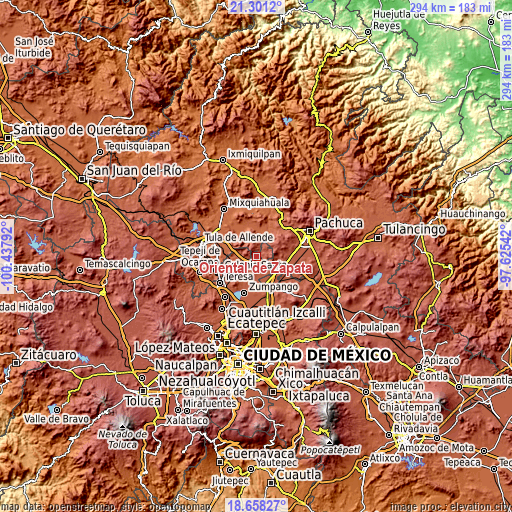 Topographic map of Oriental de Zapata