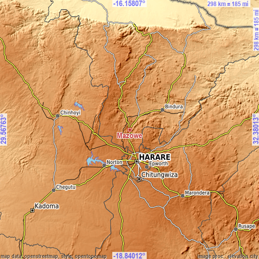 Topographic map of Mazowe