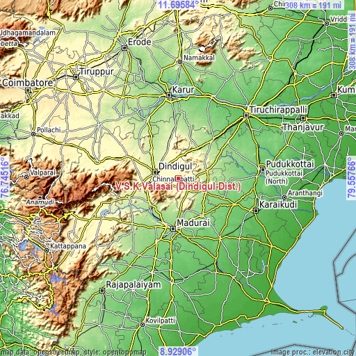 Topographic map of V.S.K.Valasai (Dindigul-Dist.)