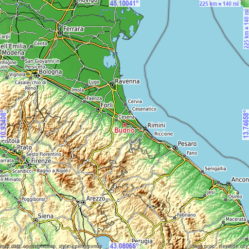 Topographic map of Budrio