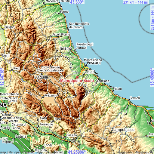 Topographic map of Manoppello Scalo